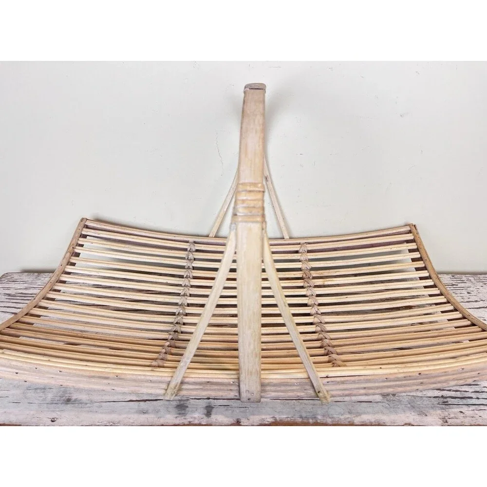 Vintage White Washed Bent Bamboo Garden Trug Handled Flower Basket 20”